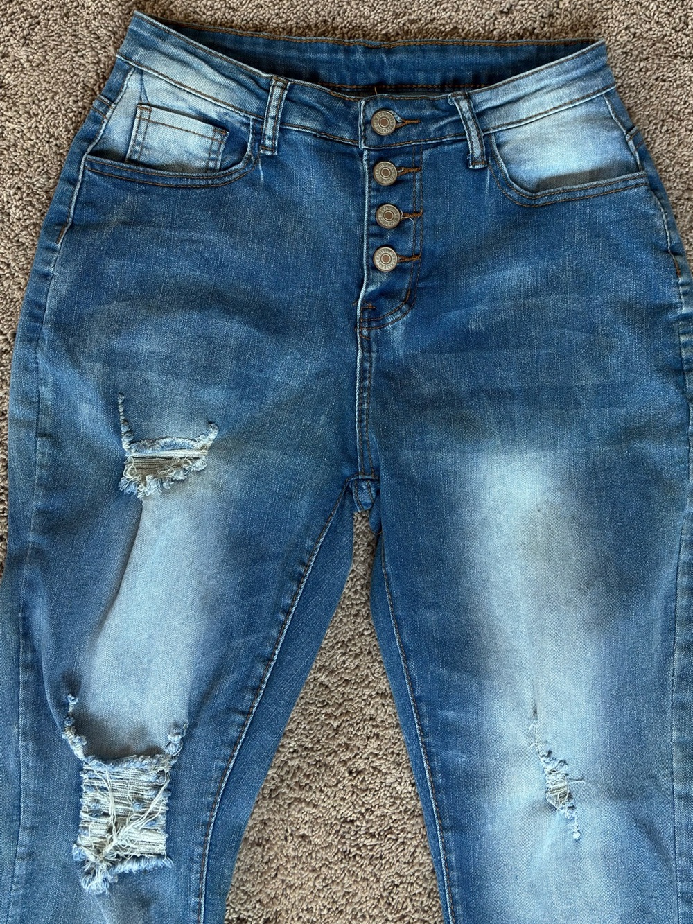 Women's High-Rise Distressed Blue Jeans with Button-Fly Closure